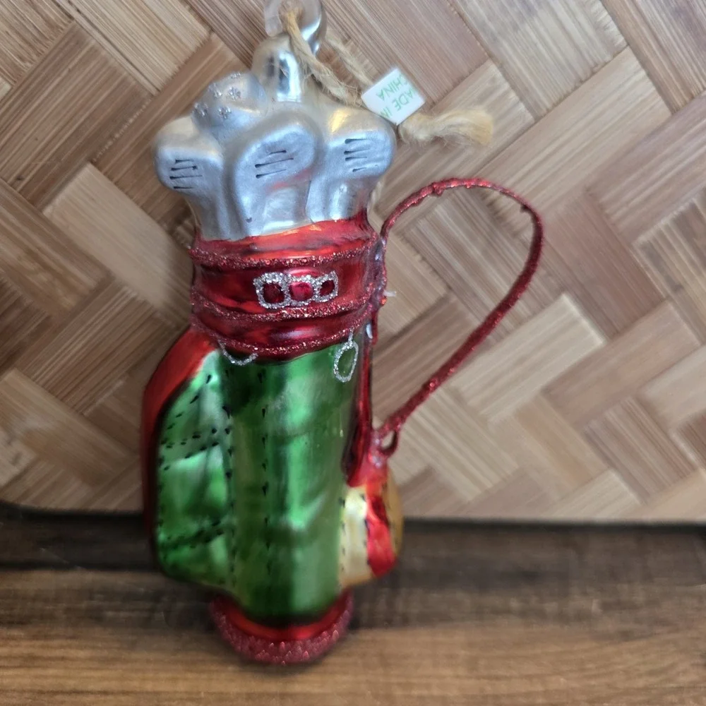 Golf Bag Clubs Christmas Ornament Blown Glass Holiday Decor Gift Glitter 5